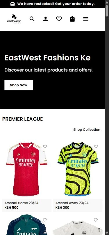 EastWest e-commerce homepage displayed at mobile size