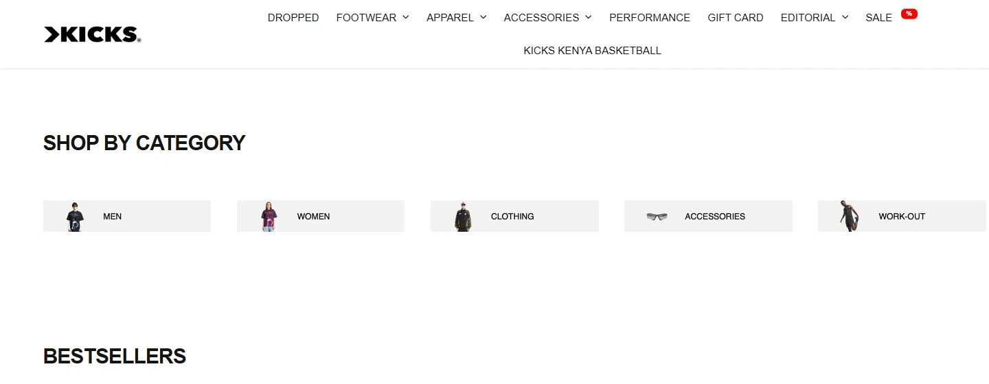 Kicks Kenya shopping categories and bestselling products