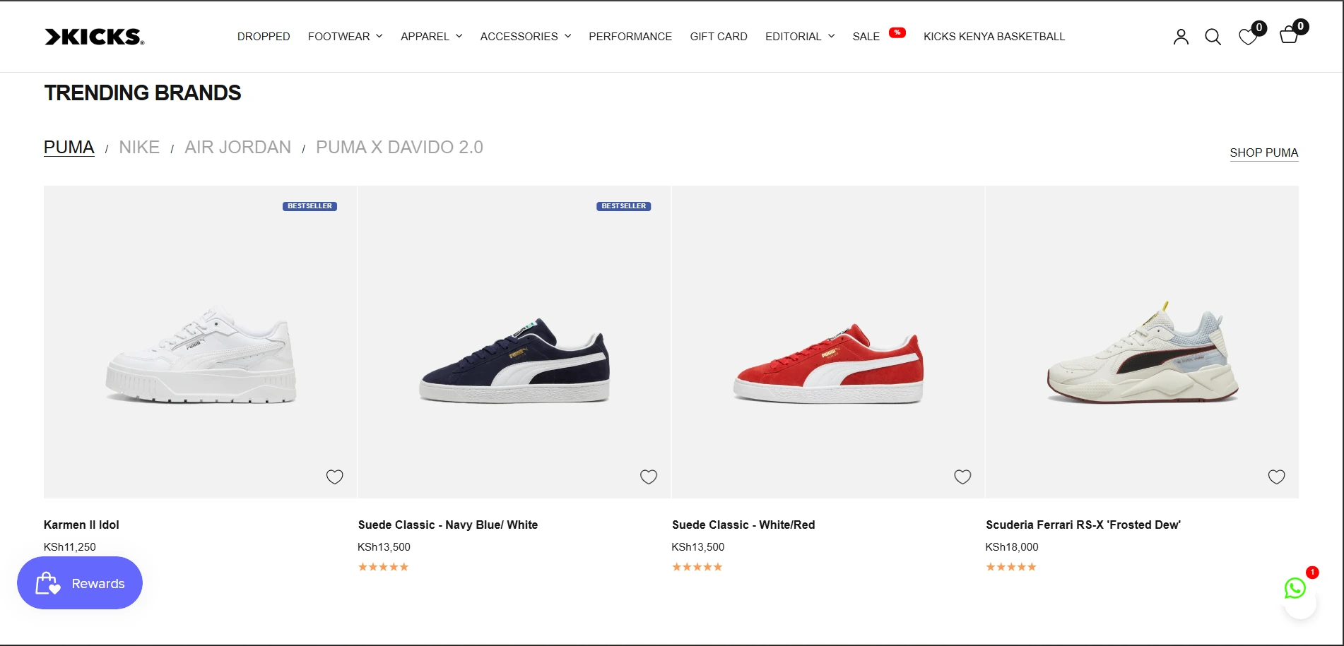 Kicks Kenya e-commerce website showing a Puma product catalogue with footwear, pricing and shopping controls