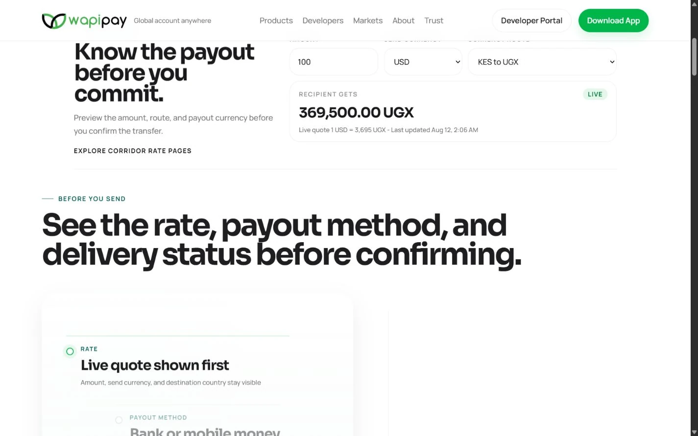WapiPay rate-check and transfer information section